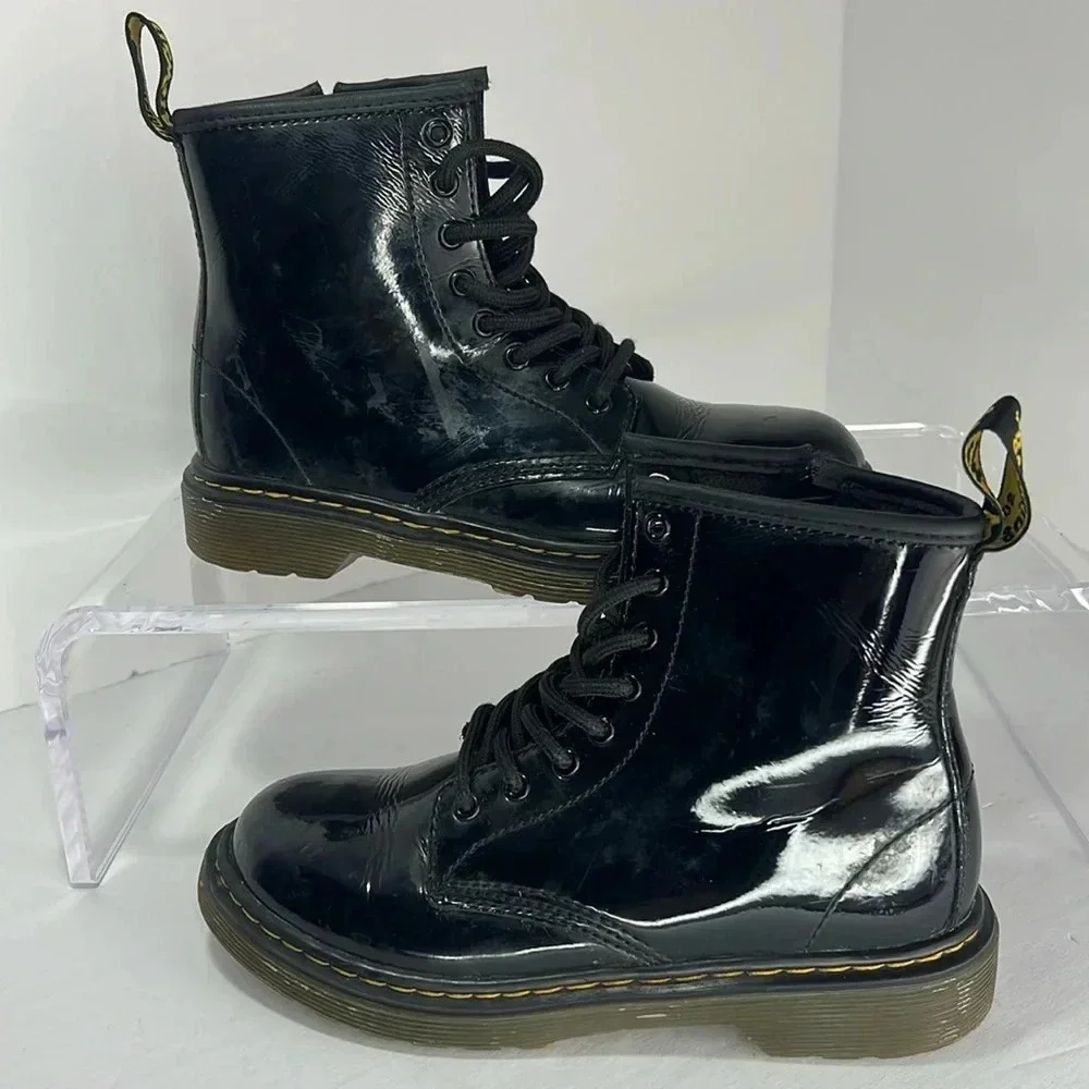 Dr. Martens 1460J Black 8-Eye Patent Leather Lace-Up/Zip-Up Combat Boots Size 2